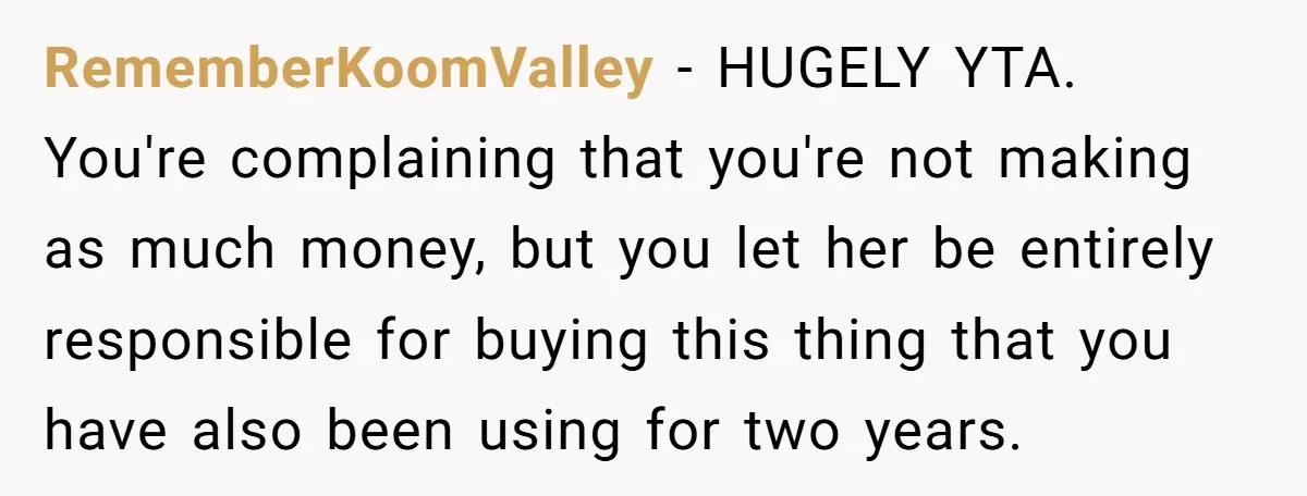 RememberKoomValley − HUGELY YTA. You're complaining that you're not making as much money, but you let her be entirely responsible for buying this thing that you have also been using...