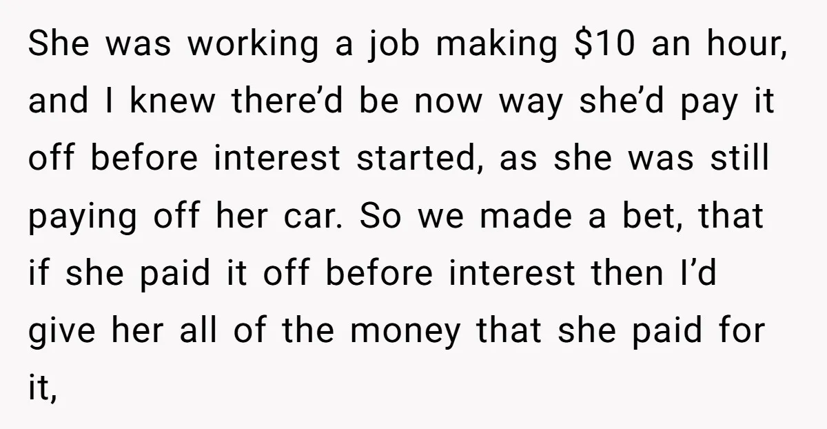 She was working a job making $10 an hour, and I knew there’d be now way she’d pay it off before interest started, as she was still paying off her...