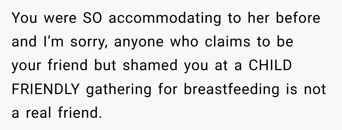 You were SO accommodating to her before and I’m sorry, anyone who claims to be your friend but shamed you at a CHILD FRIENDLY gathering for breastfeeding is not a...