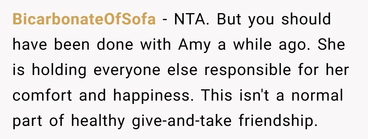 BicarbonateOfSofa − NTA. But you should have been done with Amy a while ago. She is holding everyone else responsible for her comfort and happiness. This isn't a normal part...