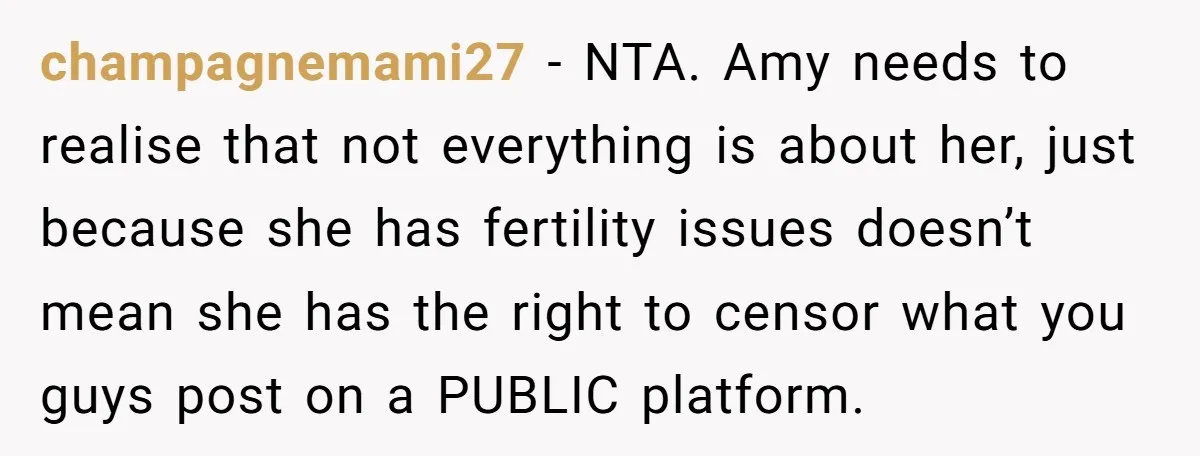 champagnemami27 − NTA. Amy needs to realise that not everything is about her, just because she has fertility issues doesn’t mean she has the right to censor what you guys...