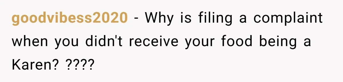 goodvibess2020 − Why is filing a complaint when you didn't receive your food being a Karen? ????