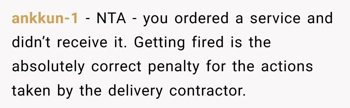 ankkun-1 − NTA - you ordered a service and didn’t receive it. Getting fired is the absolutely correct penalty for the actions taken by the delivery contractor.