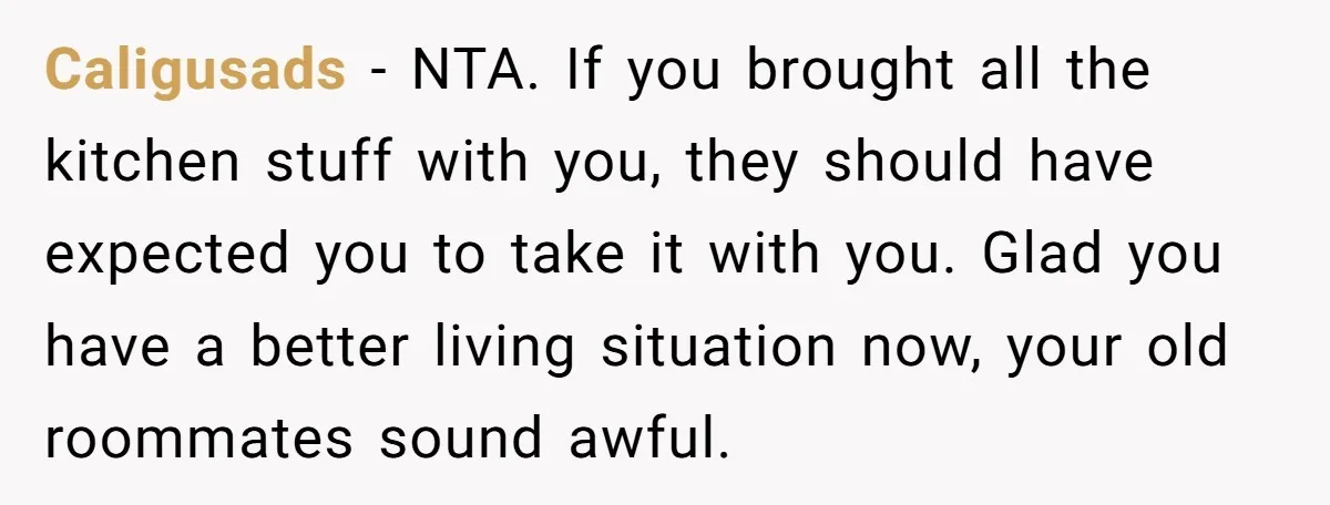 Caligusads − NTA. If you brought all the kitchen stuff with you, they should have expected you to take it with you. Glad you have a better living situation now,...