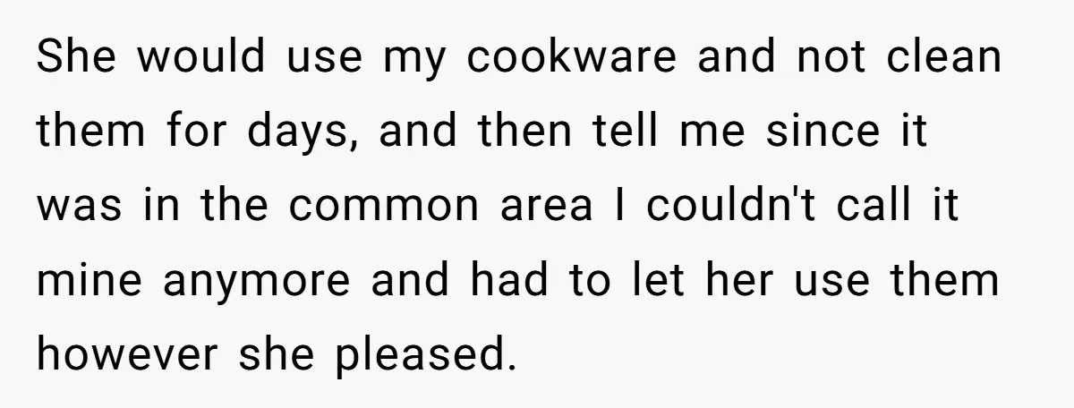 She would use my cookware and not clean them for days, and then tell me since it was in the common area I couldn't call it mine anymore and had...