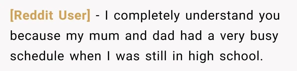 [Reddit User] − I completely understand you because my mum and dad had a very busy schedule when I was still in high school.