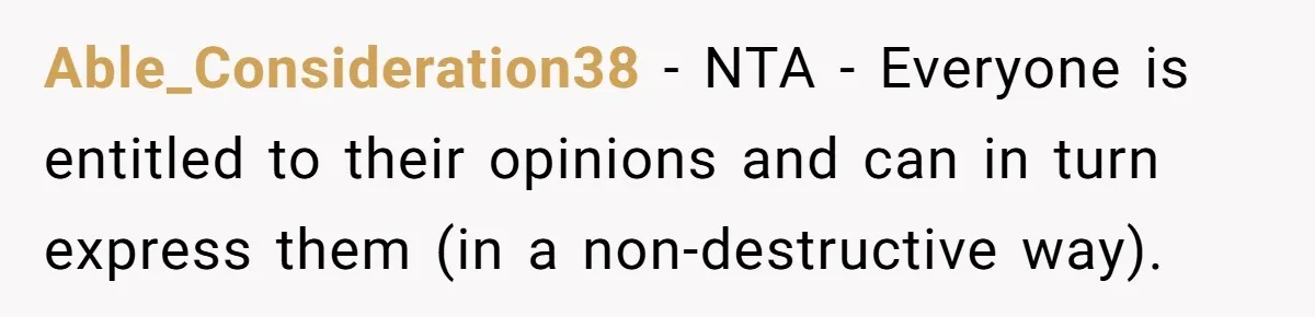 Able_Consideration38 − NTA - Everyone is entitled to their opinions and can in turn express them (in a non-destructive way).
