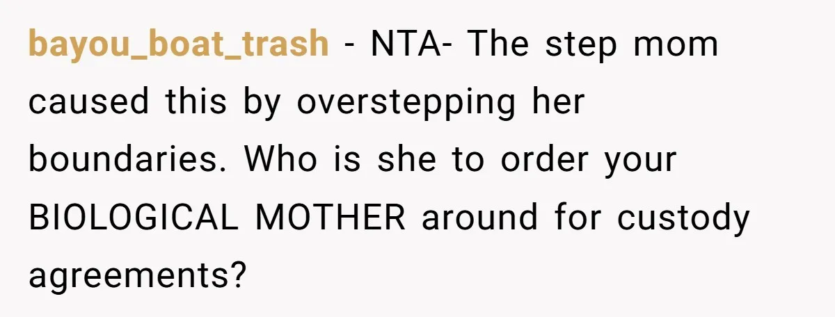 bayou_boat_trash − NTA- The step mom caused this by overstepping her boundaries. Who is she to order your BIOLOGICAL MOTHER around for custody agreements?