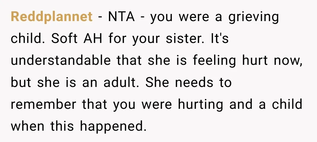 Reddplannet − NTA - you were a grieving child. Soft AH for your sister. It's understandable that she is feeling hurt now, but she is an adult. She needs to...
