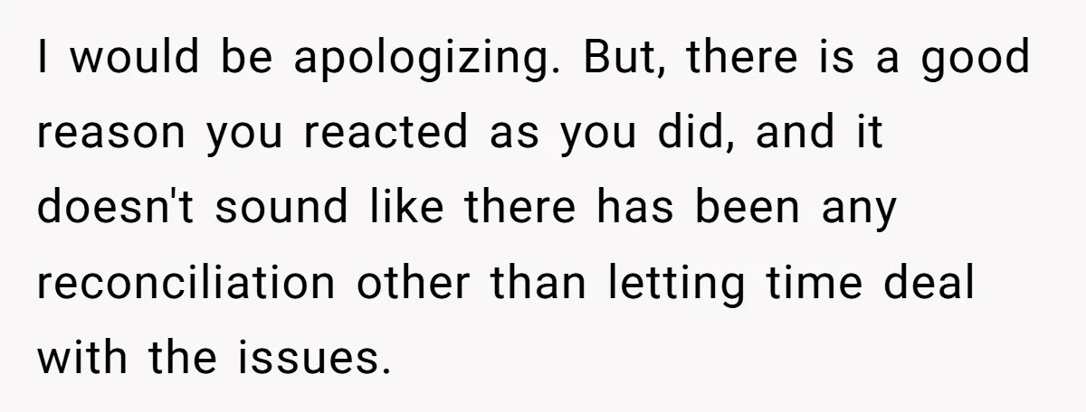 I would be apologizing. But, there is a good reason you reacted as you did, and it doesn't sound like there has been any reconciliation other than letting time deal...