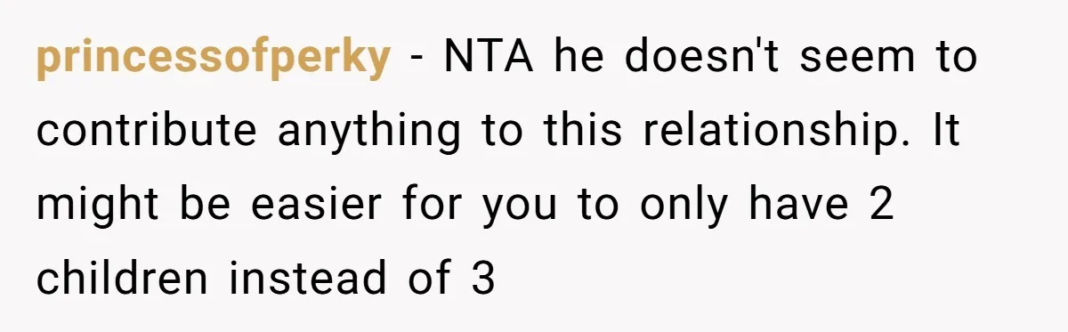 princessofperky − NTA he doesn't seem to contribute anything to this relationship. It might be easier for you to only have 2 children instead of 3