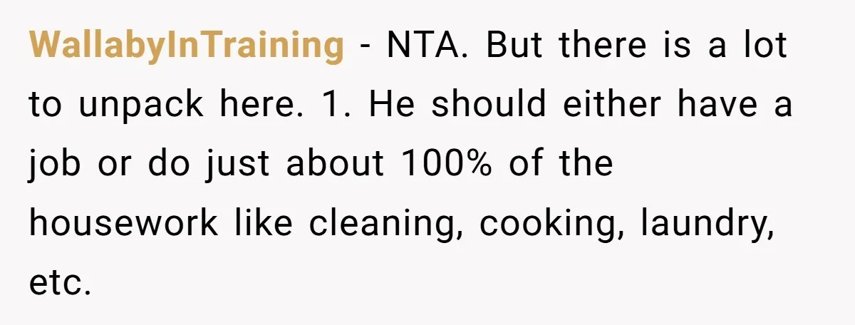 WallabyInTraining − NTA. But there is a lot to unpack here. 1. He should either have a job or do just about 100% of the housework like cleaning, cooking, laundry,...