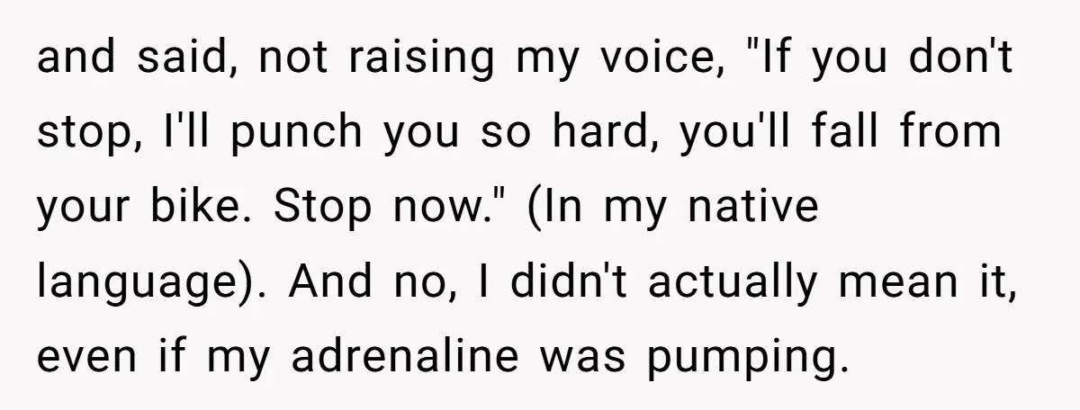 and said, not raising my voice, "If you don't stop, I'll punch you so hard, you'll fall from your bike. Stop now." (In my native language). And no, I didn't...