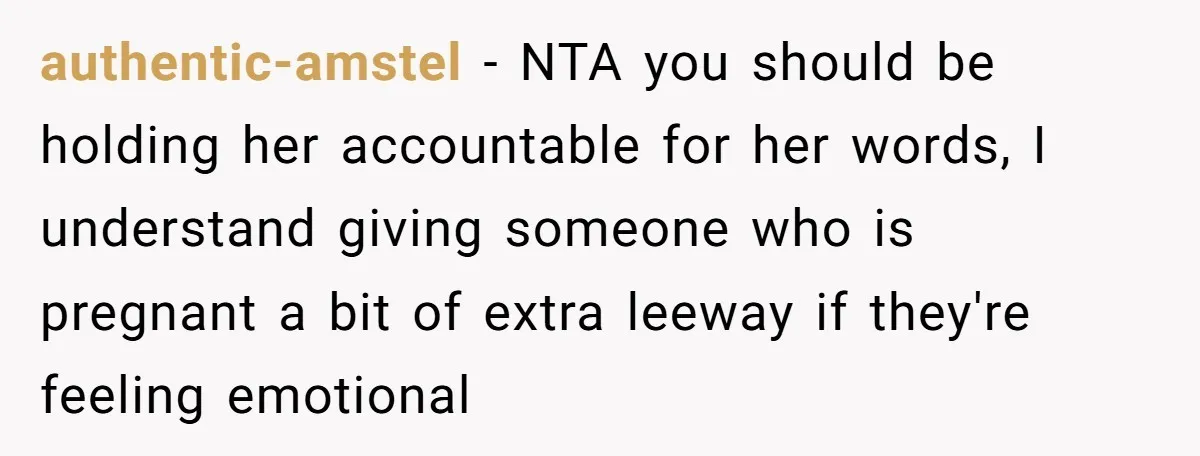 authentic-amstel − NTA you should be holding her accountable for her words, I understand giving someone who is pregnant a bit of extra leeway if they're feeling emotional