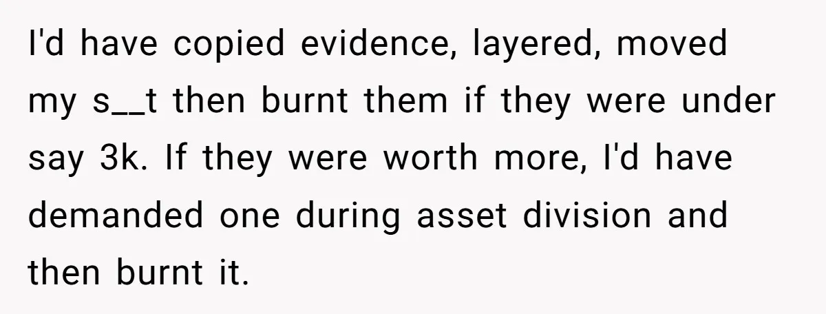 I'd have copied evidence, layered, moved my s__t then burnt them if they were under say 3k. If they were worth more, I'd have demanded one during asset division and...