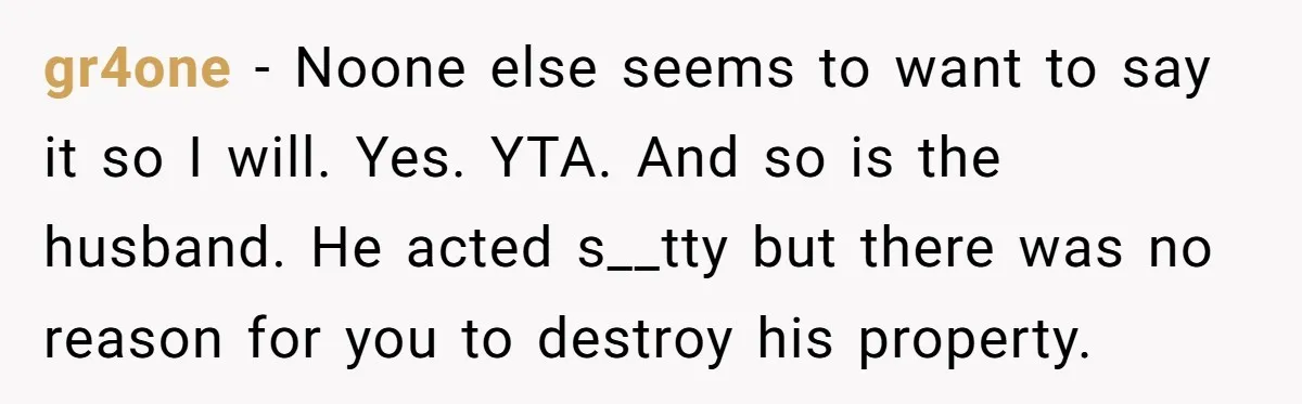 gr4one − Noone else seems to want to say it so I will. Yes. YTA. And so is the husband. He acted s__tty but there was no reason for you...