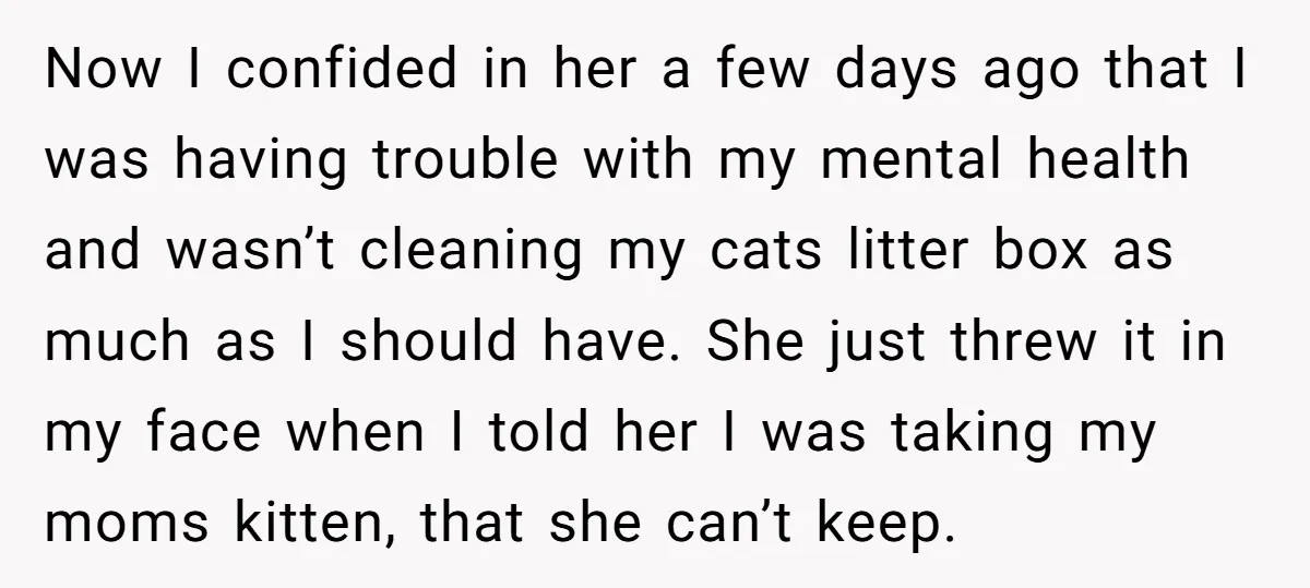 Now I confided in her a few days ago that I was having trouble with my mental health and wasn’t cleaning my cats litter box as much as I should...