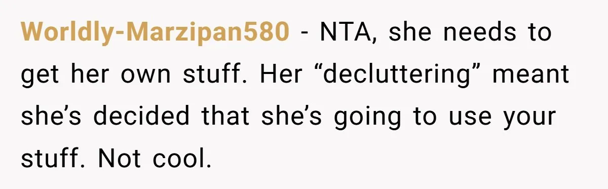 Worldly-Marzipan580 − NTA, she needs to get her own stuff. Her “decluttering” meant she’s decided that she’s going to use your stuff. Not cool.