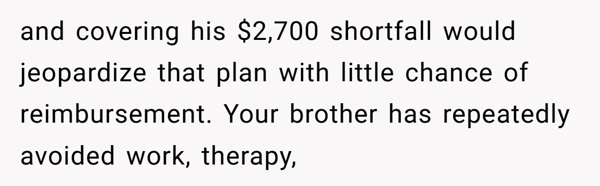 and covering his $2,700 shortfall would jeopardize that plan with little chance of reimbursement. Your brother has repeatedly avoided work, therapy,