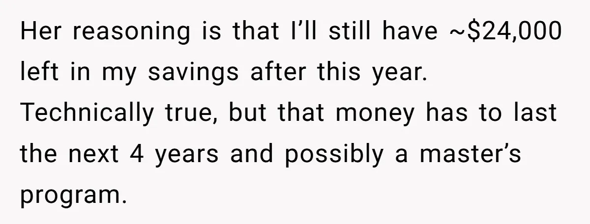 Her reasoning is that I’ll still have ~$24,000 left in my savings after this year. Technically true, but that money has to last the next 4 years and possibly a...