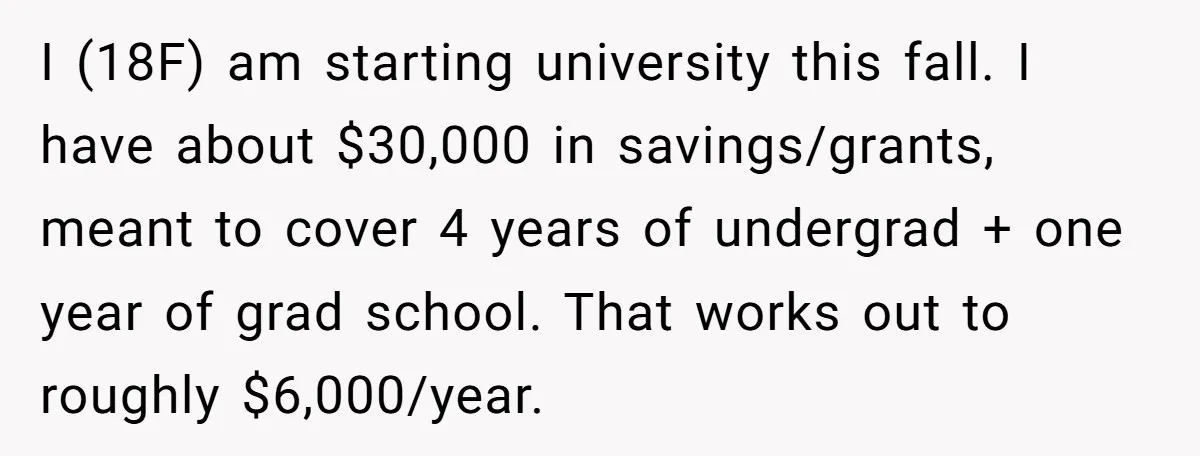 I (18F) am starting university this fall. I have about $30,000 in savings/grants, meant to cover 4 years of undergrad + one year of grad school. That works out to...