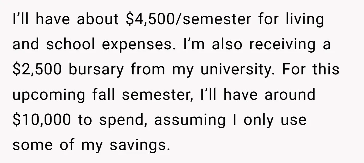 I’ll have about $4,500/semester for living and school expenses. I’m also receiving a $2,500 bursary from my university. For this upcoming fall semester, I’ll have around $10,000 to spend, assuming...