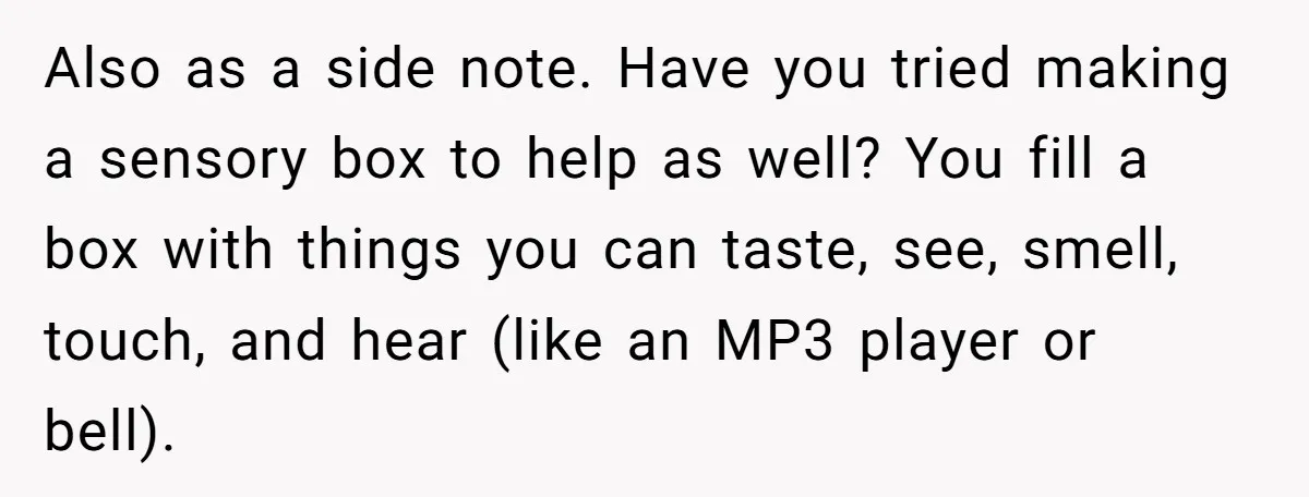 Also as a side note. Have you tried making a sensory box to help as well? You fill a box with things you can taste, see, smell, touch, and hear...