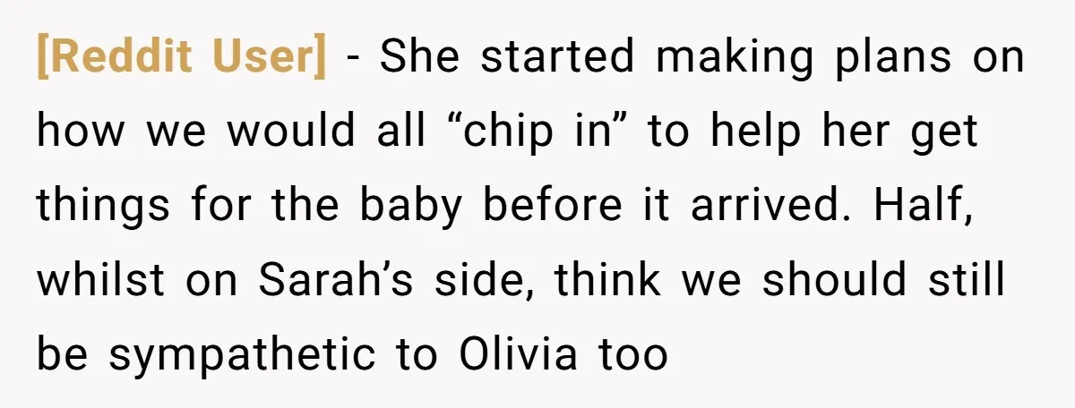 [Reddit User] − She started making plans on how we would all “chip in” to help her get things for the baby before it arrived. Half, whilst on Sarah’s side,...