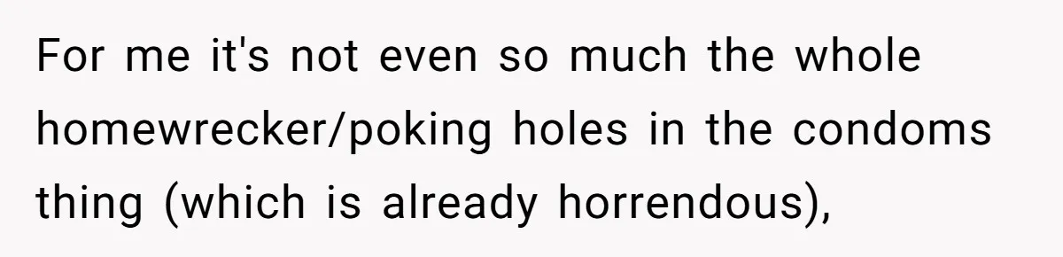For me it's not even so much the whole homewrecker/poking holes in the condoms thing (which is already horrendous),