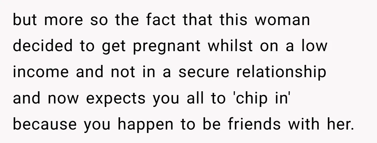 but more so the fact that this woman decided to get pregnant whilst on a low income and not in a secure relationship and now expects you all to 'chip...
