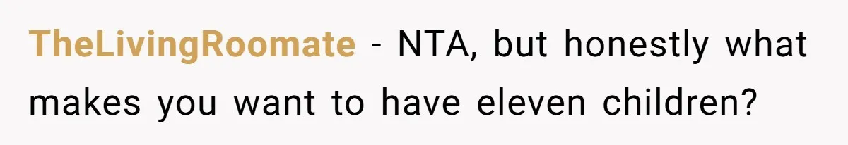 TheLivingRoomate − NTA, but honestly what makes you want to have eleven children?