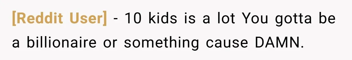 [Reddit User] − 10 kids is a lot You gotta be a billionaire or something cause DAMN.