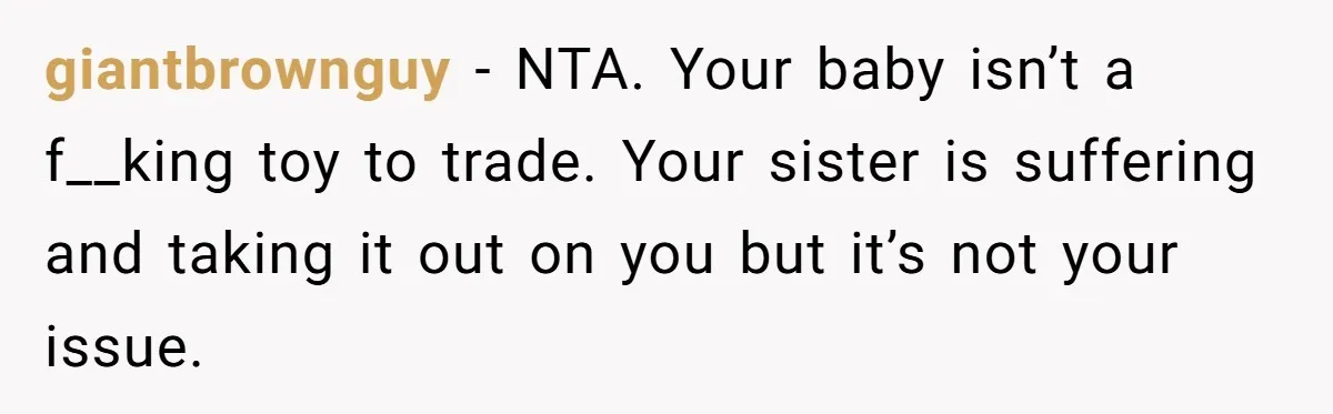 giantbrownguy − NTA. Your baby isn’t a f__king toy to trade. Your sister is suffering and taking it out on you but it’s not your issue.