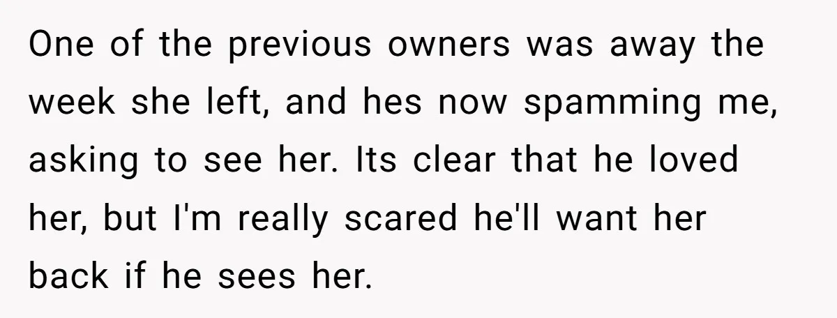 One of the previous owners was away the week she left, and hes now spamming me, asking to see her. Its clear that he loved her, but I'm really scared...