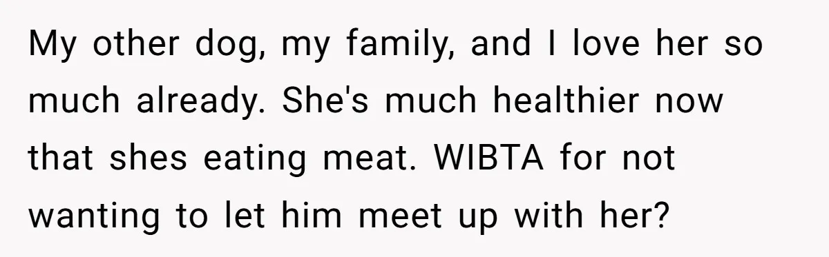 My other dog, my family, and I love her so much already. She's much healthier now that shes eating meat. WIBTA for not wanting to let him meet up with...