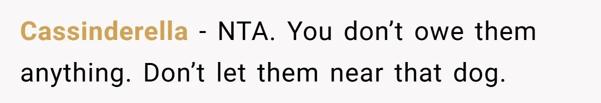 Cassinderella − NTA. You don’t owe them anything. Don’t let them near that dog.