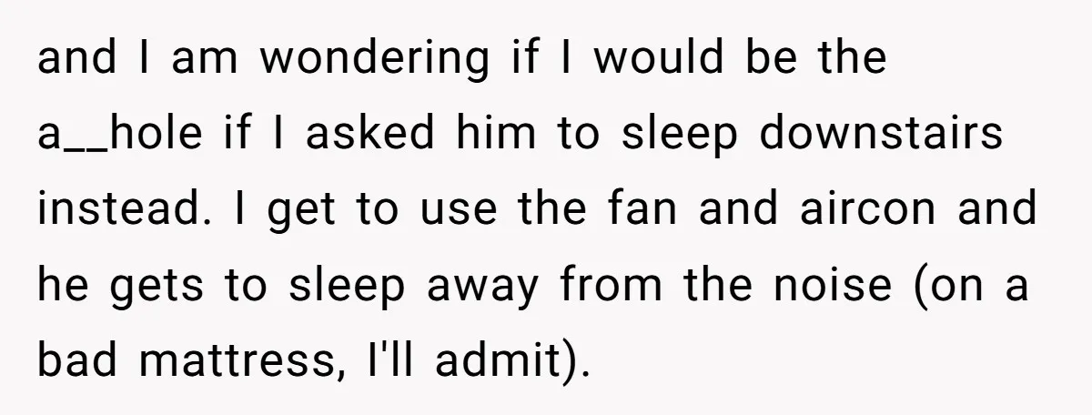 and I am wondering if I would be the a__hole if I asked him to sleep downstairs instead. I get to use the fan and aircon and he gets to...