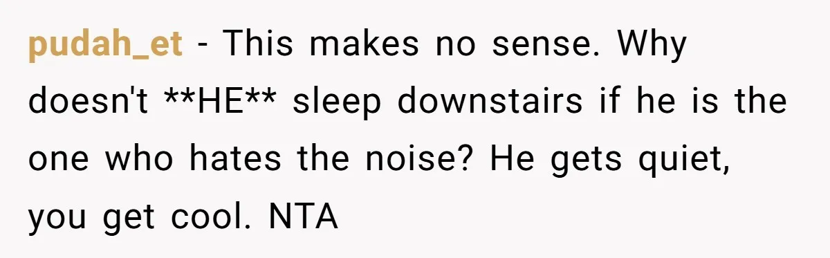 pudah_et − This makes no sense. Why doesn't **HE** sleep downstairs if he is the one who hates the noise? He gets quiet, you get cool. NTA