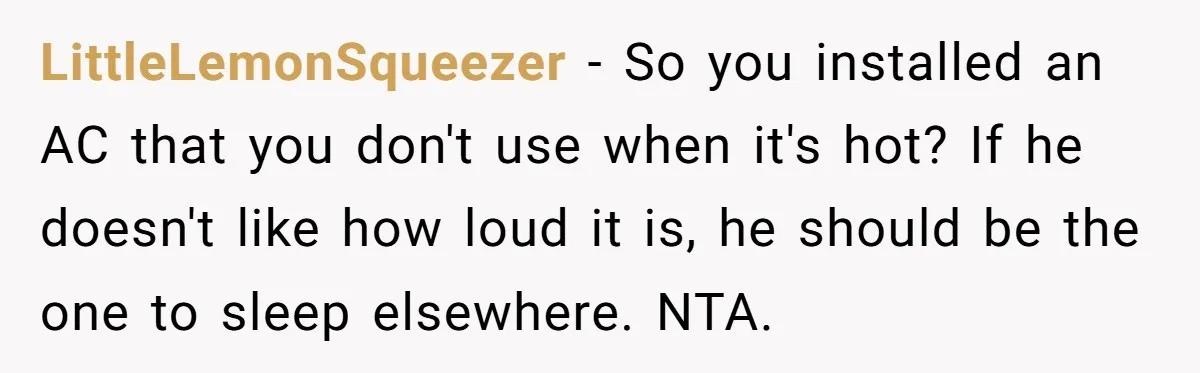 LittleLemonSqueezer − So you installed an AC that you don't use when it's hot? If he doesn't like how loud it is, he should be the one to sleep elsewhere....