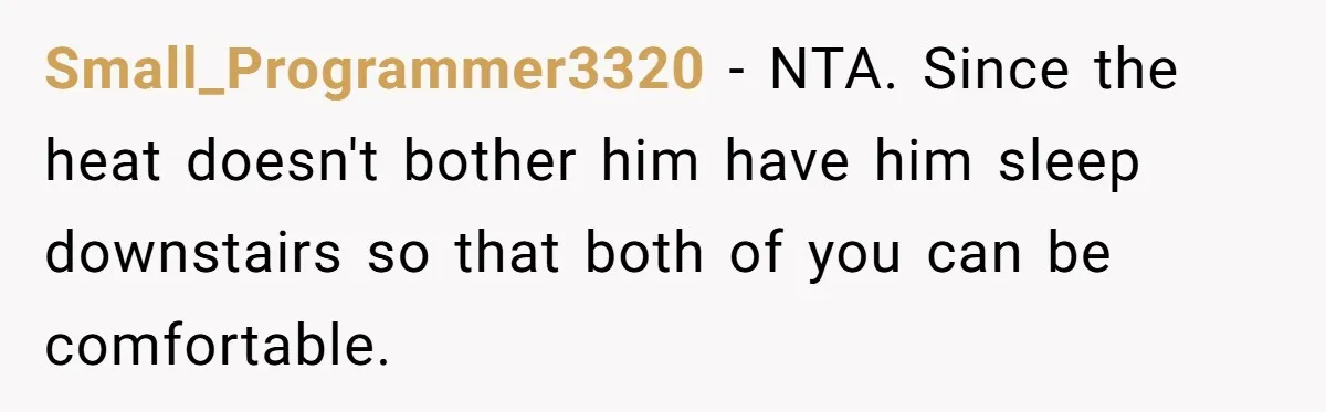 Small_Programmer3320 − NTA. Since the heat doesn't bother him have him sleep downstairs so that both of you can be comfortable.