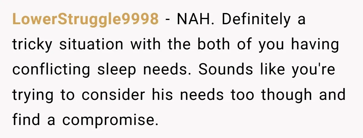 LowerStruggle9998 − NAH. Definitely a tricky situation with the both of you having conflicting sleep needs. Sounds like you're trying to consider his needs too though and find a compromise.
