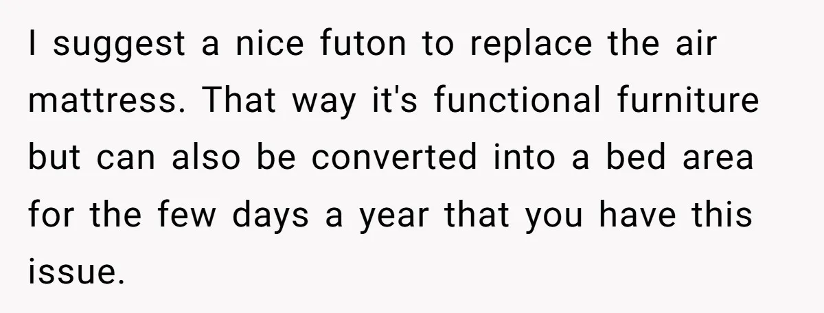 I suggest a nice futon to replace the air mattress. That way it's functional furniture but can also be converted into a bed area for the few days a year...
