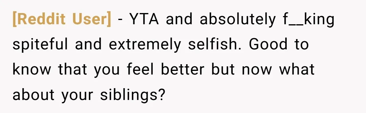[Reddit User] − YTA and absolutely f__king spiteful and extremely selfish. Good to know that you feel better but now what about your siblings?