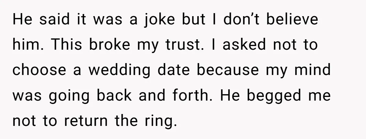 He said it was a joke but I don’t believe him. This broke my trust. I asked not to choose a wedding date because my mind was going back and...