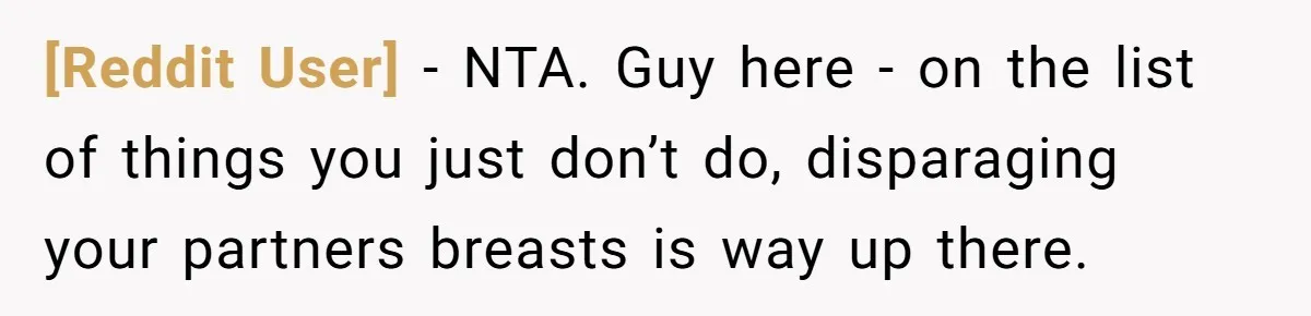 [Reddit User] − NTA. Guy here - on the list of things you just don’t do, disparaging your partners breasts is way up there.
