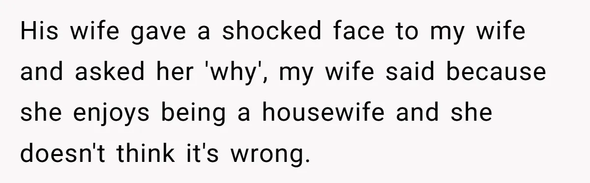 His wife gave a shocked face to my wife and asked her 'why', my wife said because she enjoys being a housewife and she doesn't think it's wrong.