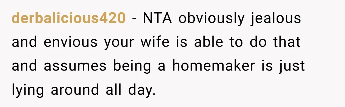 derbalicious420 − NTA obviously jealous and envious your wife is able to do that and assumes being a homemaker is just lying around all day.