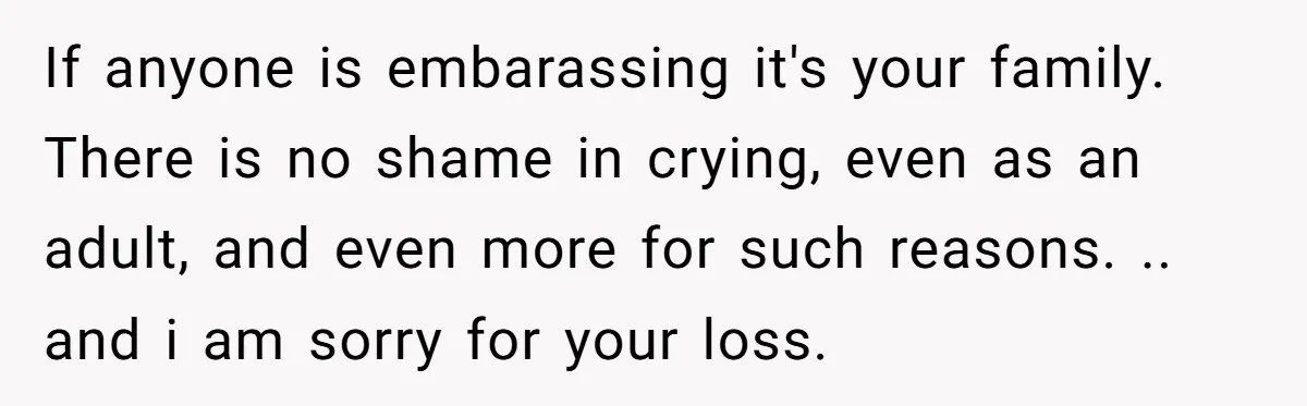 If anyone is embarassing it's your family. There is no shame in crying, even as an adult, and even more for such reasons. .. and i am sorry for your...