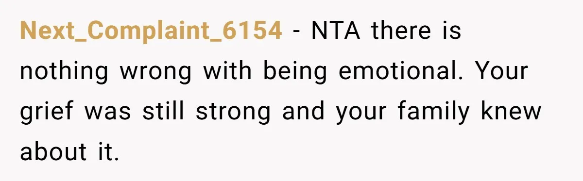 Next_Complaint_6154 − NTA there is nothing wrong with being emotional. Your grief was still strong and your family knew about it.