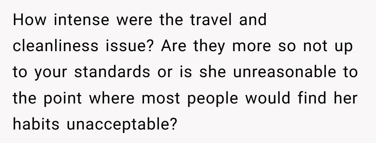 How intense were the travel and cleanliness issue? Are they more so not up to your standards or is she unreasonable to the point where most people would find her...